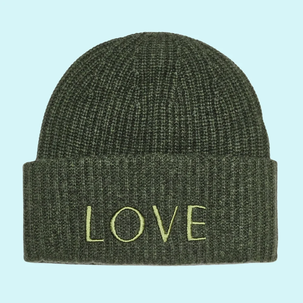 LITA by Ciara Hat Beanie Olive 100% Recycled Cashmere Love Embroidered Cottage